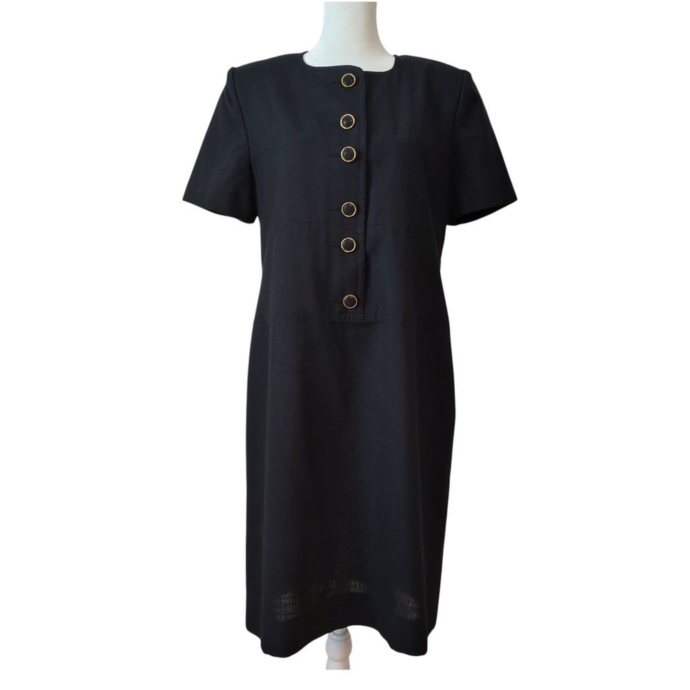 Vintage 80s Heury-Lee Black Dress Size 8 Career Wear Button‎ Front Short Sleeve